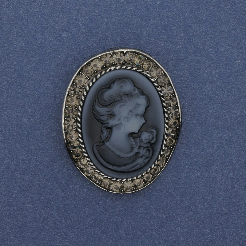 Kamee-Brosche „Dame“ mit Strasssteinen, silberfarbenes Metall 43 × 38 mm +