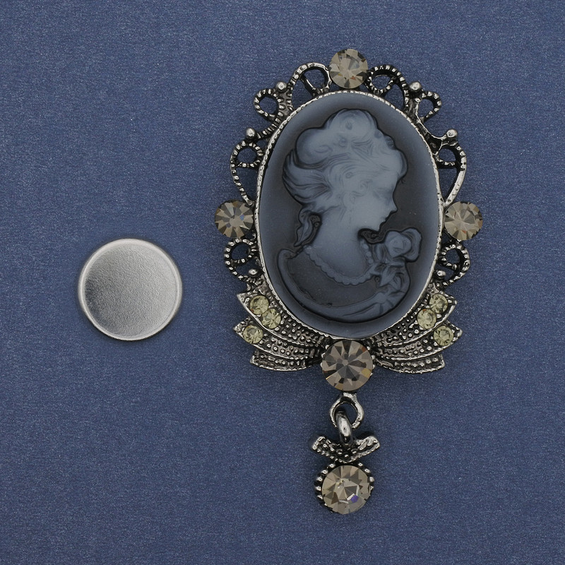 Magnetbrosche Kamee-Dame mit Strass, silberfarbenes Metall, 85×35 mm +