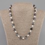 Kette aus Flussperlen und Hämatit, Flussperlen 7–8×6 mm; Hämatit facettierte Kugeln Ø ca. 10 mm und Würfel 8 mm ±; Länge ca. 50 cm
