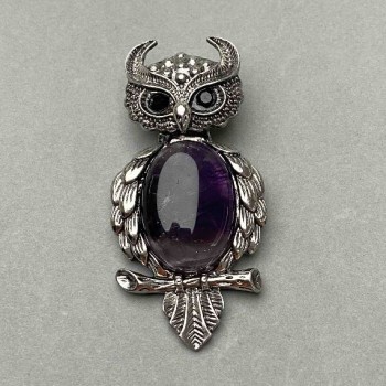 Brosche Anhänger Eule Amethyst 60x28 mm +- schwarze Einsätze silberfarbener Metall