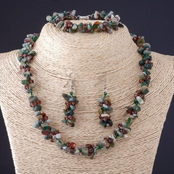 Dreier-Set aus Jaspis – assortiert, Naturstein 'Steinchen' Halskette, Ohrringe und Armband