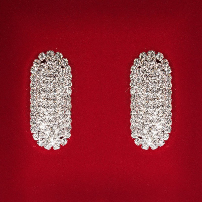 (45x25 mm) Damen-Ohrstecker mit weißen Strasssteinen, helles Metall, Hochzeits- und Abend-Ohrringe, oval, länglich, groß