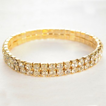 Elegantes zweireihiges Armband mit Strasssteinen, elastisch, weiß, gelbgoldfarbenes Metall, Umfang 17 cm