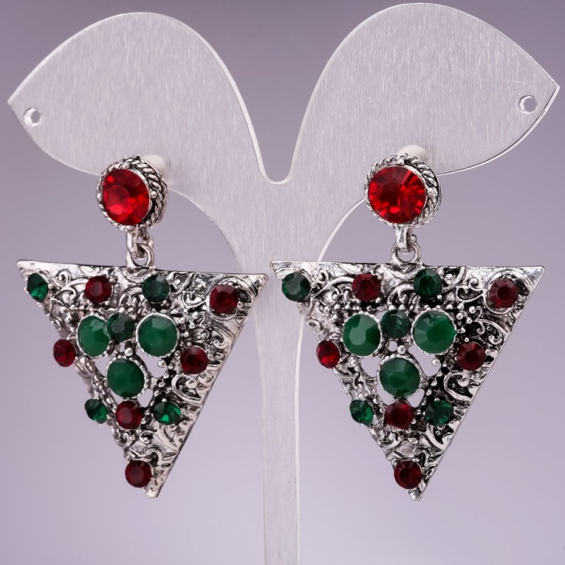 Ohrringe mit Kristallen, 4 cm lang, festlich, grüne und rote Strasssteine, Dreiecksform