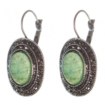 Ausverkauf Ohrringe Jade – Fassung 'Tropfen-Silber' – ovaler Stein 2,5×1,9 cm, Länge 3,5 cm