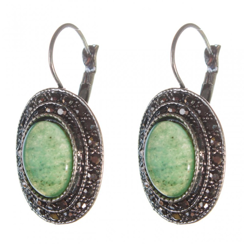Ausverkauf Ohrringe Jade – Fassung 'Tropfen-Silber' – ovaler Stein 2,5×1,9 cm, Länge 3,5 cm