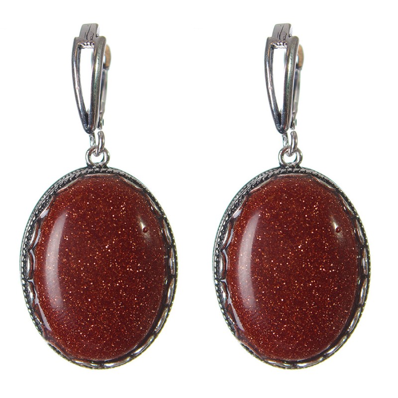 Reduzierte Ohrringe aus Aventurin „goldener Sand“ Fassung „Zackenfassung“ ovaler Stein 2,8×2,1 cm, Länge 4,5 cm