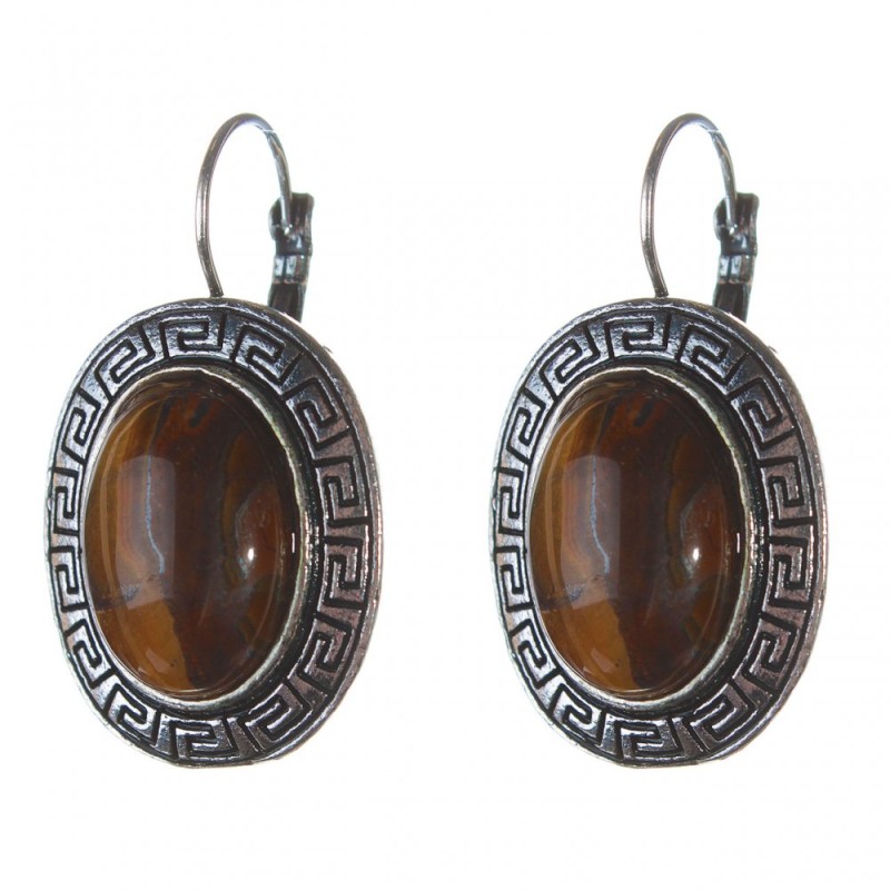 Reduziert. Ohrringe Tigerauge in griechischer Fassung, ovaler Stein 2,3 × 2,8 cm, Länge 4 cm