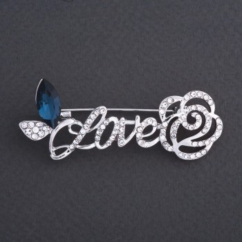 Ausverkauf! Brosche 'Love mit Rose' blauer Kristall 6×3 cm Metallfarbe Silber