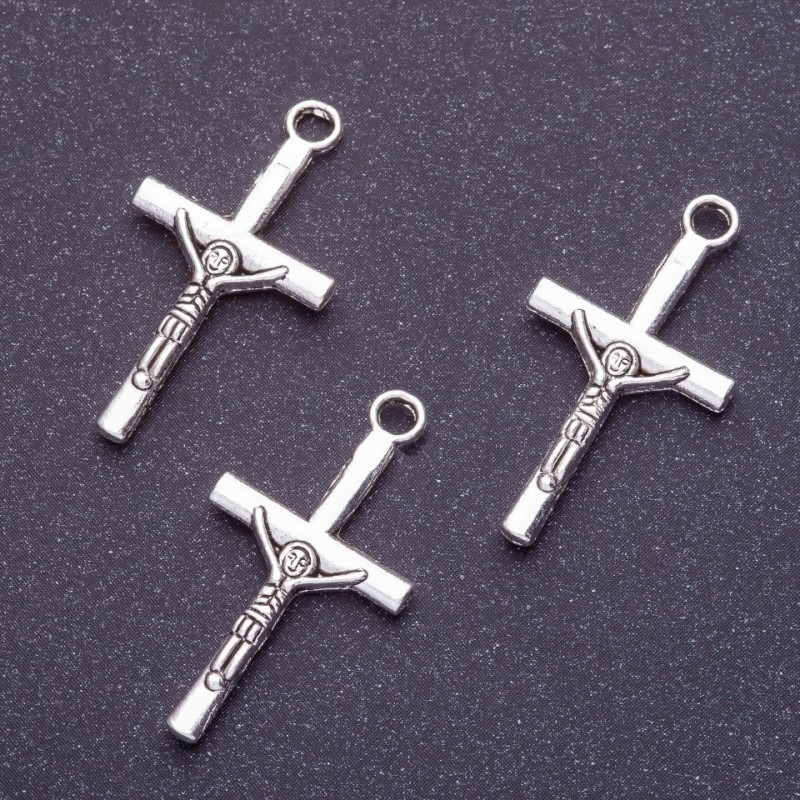 Anhänger Kreuz (Kreuzigung), Länge 28 mm, Lochdurchmesser 1,5 mm, Farbe Silber, Oberfläche poliert, Gewicht 20 g, ±19 Stück