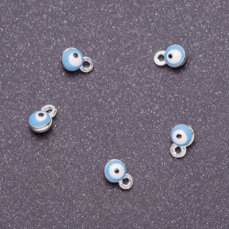 Anhänger 'Augen', Durchmesser 4 mm, Länge 6 mm, blau emailliert, Metall grau, 14 Stück