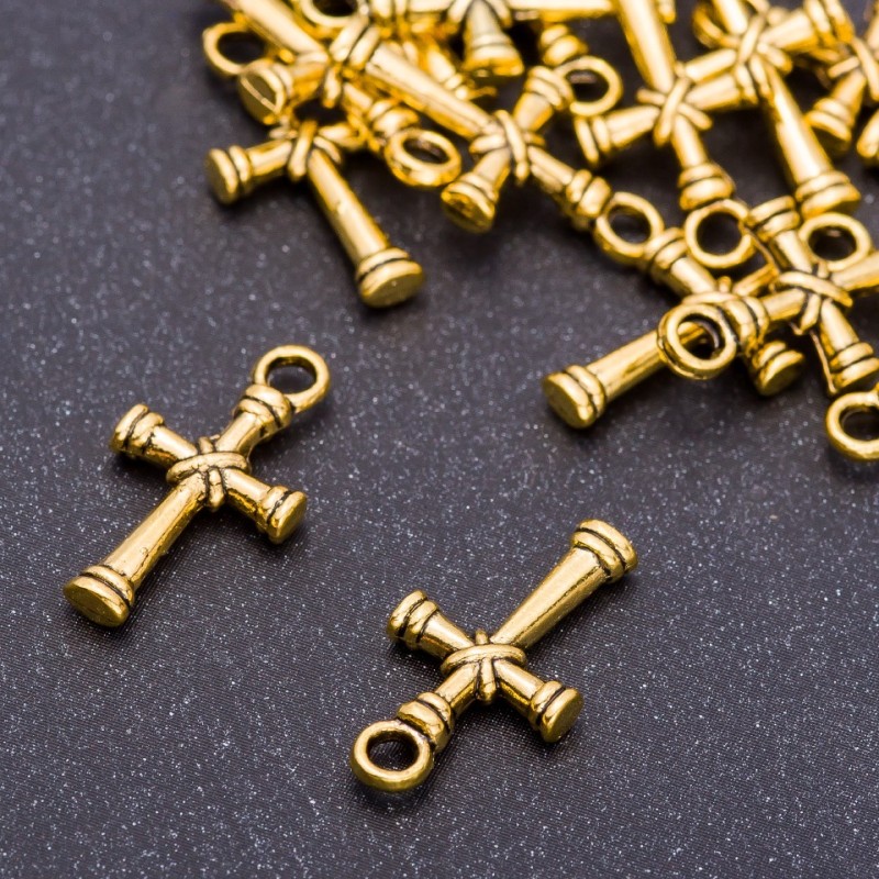 Anhänger-Zubehör Kreuz Altgoldfarbton, Durchmesser 11 mm, Länge 20 mm, Loch Ø 3 mm, Verpackung 20 g ± 23 Stück