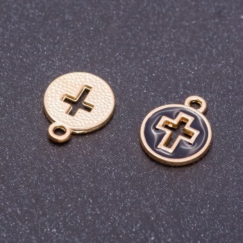 Anhänger 'Kreuz' schwarz emailliert mit goldenen Akzenten, Durchmesser 12 mm, Länge 15 mm, Loch Ø 5 mm, 10 Stück