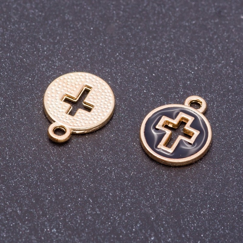 Anhänger 'Kreuz' schwarz emailliert mit goldenen Akzenten, Durchmesser 12 mm, Länge 15 mm, Loch Ø 5 mm, 10 Stück