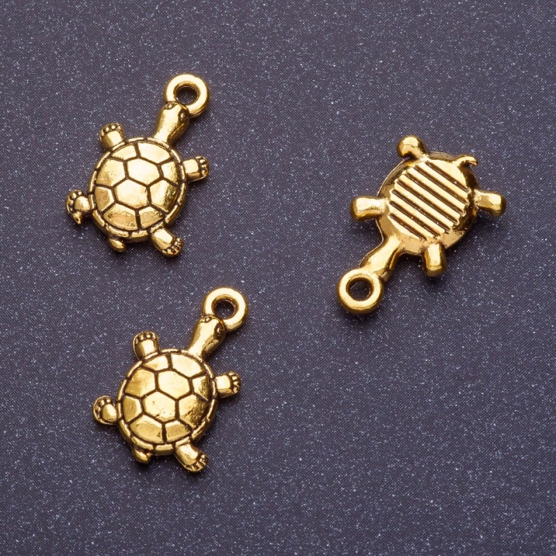 Schildkrötenanhänger, Länge 18 mm, Ø 1,5 mm, Farbe Altgold, facettiert, Verpackung 20 g ± 13 Stück