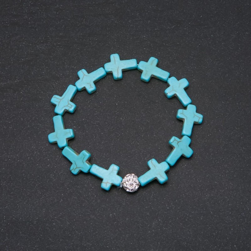 Türkisfarbenes Armband mit Kreuz-Einlagen, Umfang 18 cm, auf elastischem Band