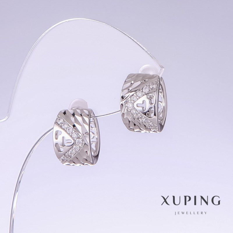 Xuping-Ohrringe mit weißen Zirkonia, Länge 15 mm, Dicke 9 mm, rhodiniert