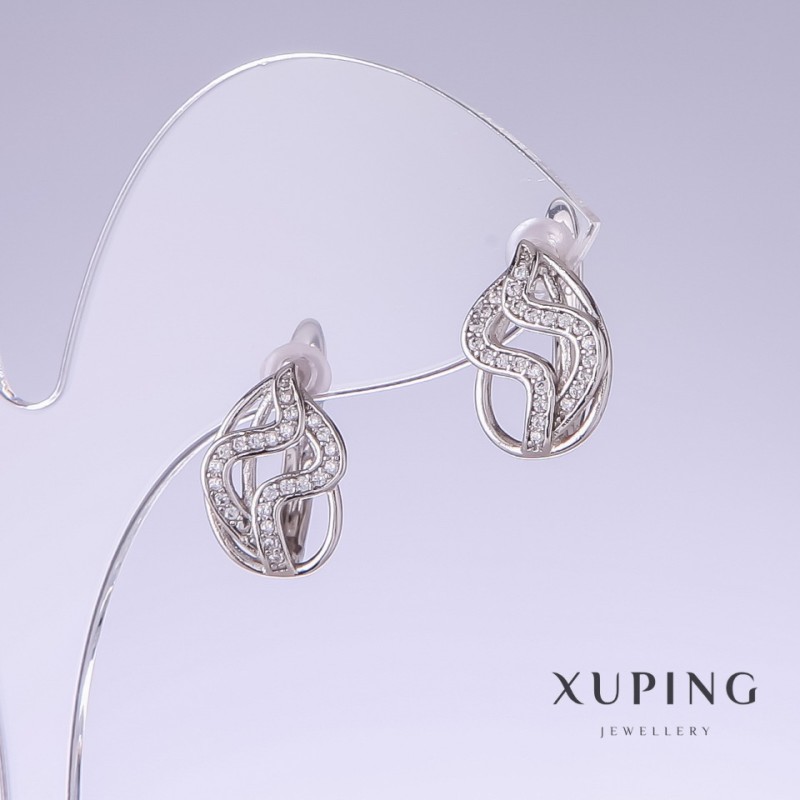 Xuping-Ohrringe mit weißen Zirkonia-Steinen, Länge 15 mm, Dicke 10 mm, rhodiniert
