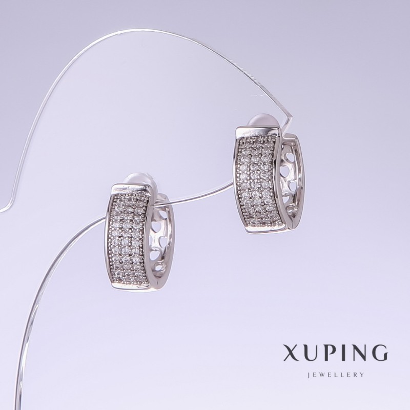 Xuping-Ohrstecker mit weißen Strass-Steinen, Länge 15 mm, Dicke 6 mm, rhodiniert