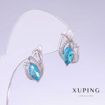 Ohrringe Xuping mit blauen Zirkonen und Topas, Länge 17 mm, Dicke 10 mm, Rhodiumbeschichtung