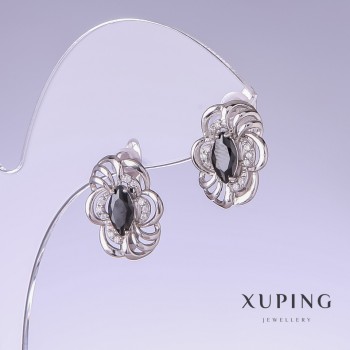 Ohrringe Xuping mit schwarzen Zirkonen, Länge 17 mm, Dicke 12 mm, Rhodium-beschichtet