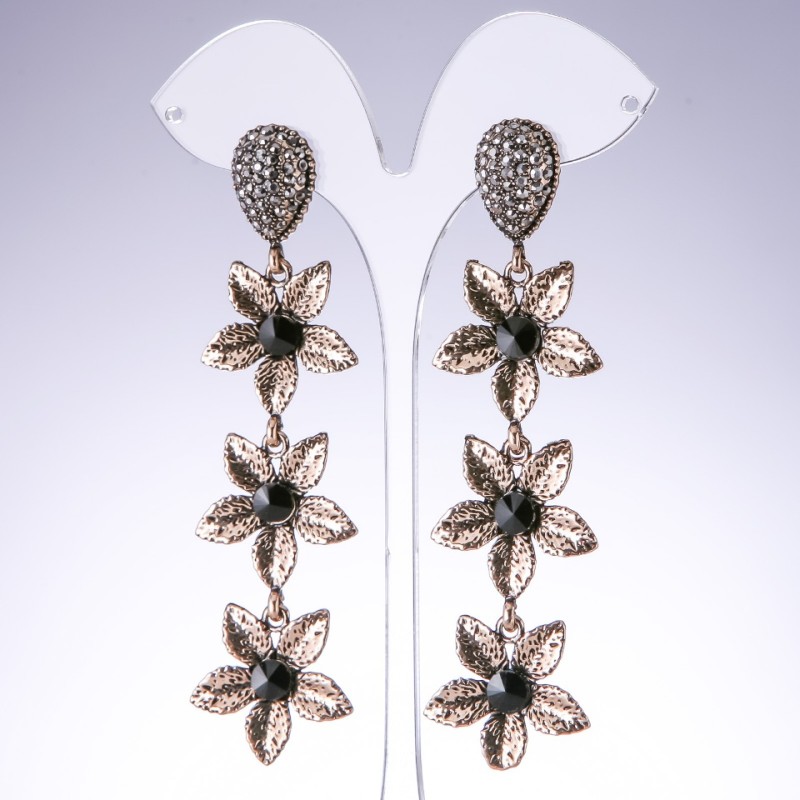 Abendohrringe 'Lilien' mit schwarzen Kristallen, Farbe Altgold, Breite 25 mm, Länge 95 mm
