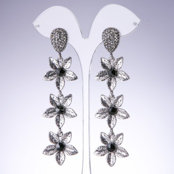 Abendohrringe Lilien mit schwarzen Kristallen, Farbe Alt-Silber, Breite 25 mm, Länge 95 mm