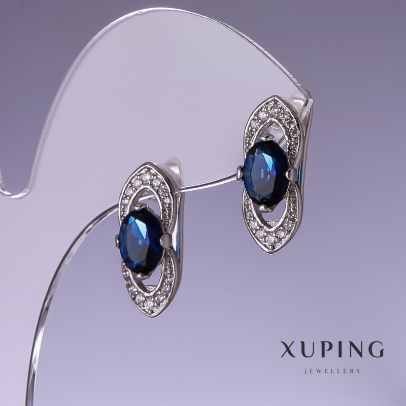 Xuping-Ohrringe mit blauen Zirkonen, Rhodium-beschichtet, 19 × 8 mm