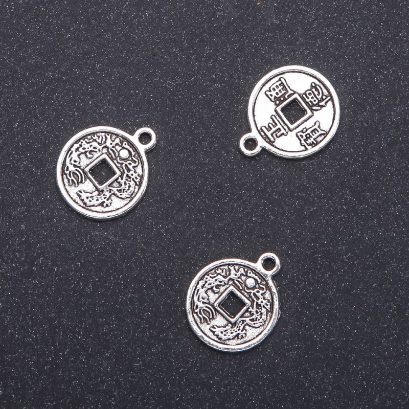 Aufhängung Münze mit Drache, Durchmesser 15 mm, Länge 19 mm, Durchmesser 1,75 mm, Verpackung 20 g, 17 Stück (+ -)