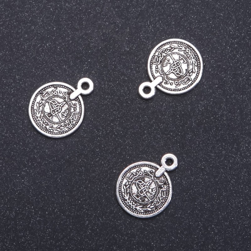 Schmuckzubehör: Münzanhänger mit arabischer Verzierung, Durchmesser 15 mm, Bohrung 1,75 mm, Verpackung 20 g, 19 Stück (+-)