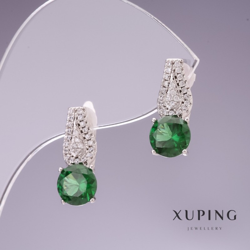 Xuping-Ohrringe mit grünen Zirkonen, Rhodiumbeschichtung, 17×7 mm
