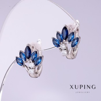 Ohrringe Xuping mit blauen Zirkonen „Fächer“, Durchmesser 12 mm, Länge 15 mm, rhodiniert
