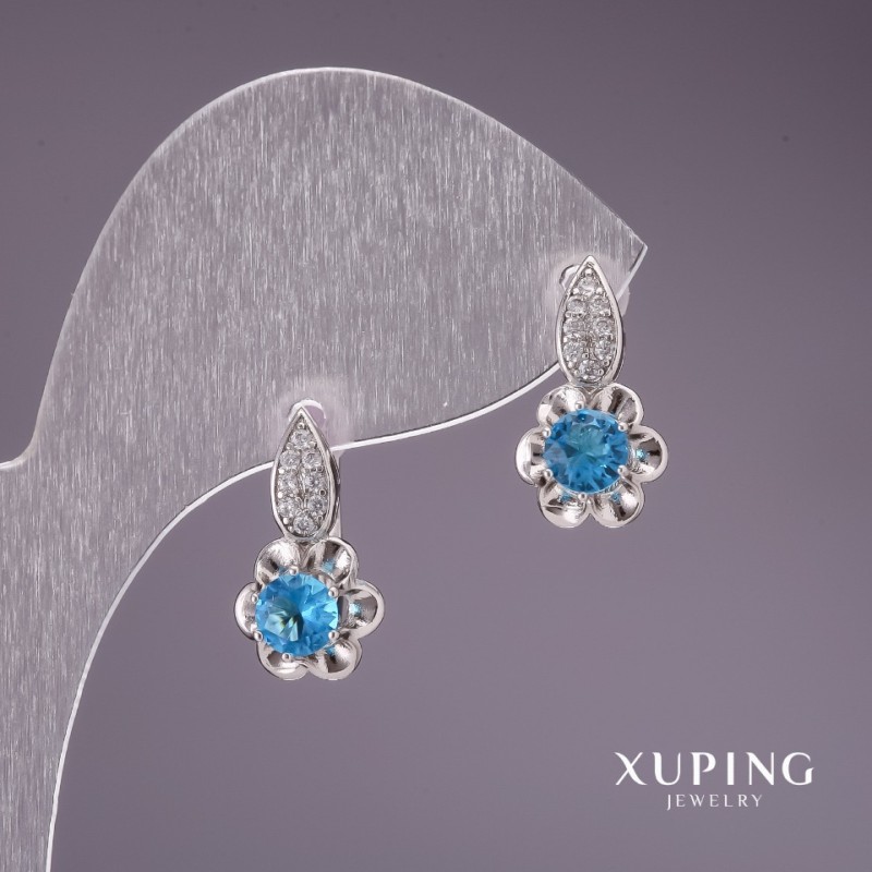 Xuping-Ohrringe mit blauen Steinen, 17 x 10 mm, Rhodiumbeschichtung