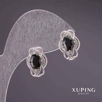 Ohrringe Xuping mit schwarzen Steinen, rhodiumbeschichtet, 15×11 mm