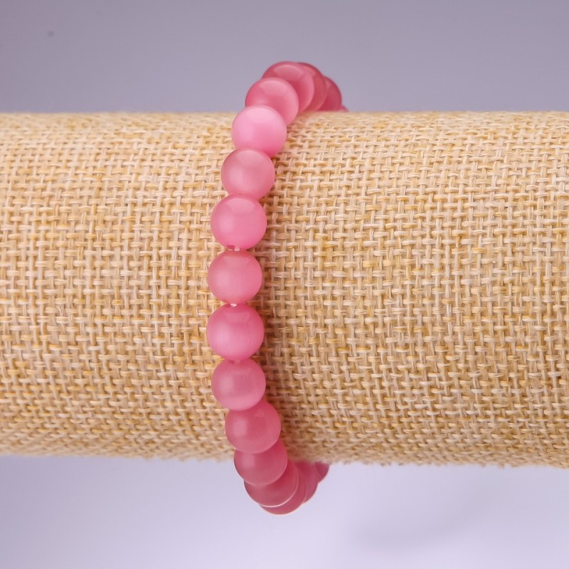 Rosa Katzenauge-Armband mit glatten Kugeln, Durchmesser 8 mm, Länge 18 cm, auf Elastikband