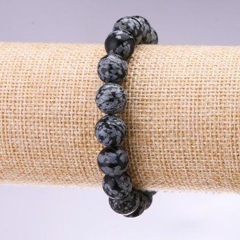 Armband aus natürlichem Stein Schneeflocken-Obsidian Apache-Tränen glatte Kugeln, Durchmesser 10 mm, Länge 18 cm