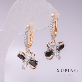 Xuping Ohrringe mit 18K-Vergoldung und Rhodiumbeschichtung – schwarze Steine und weiße Strasssteine, 30×12 mm
