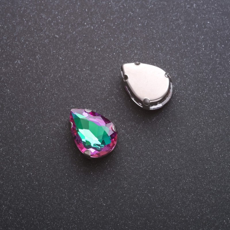 Aufgenähter Kristall Tropfenform 10×14 mm grün-himbeerfarbig