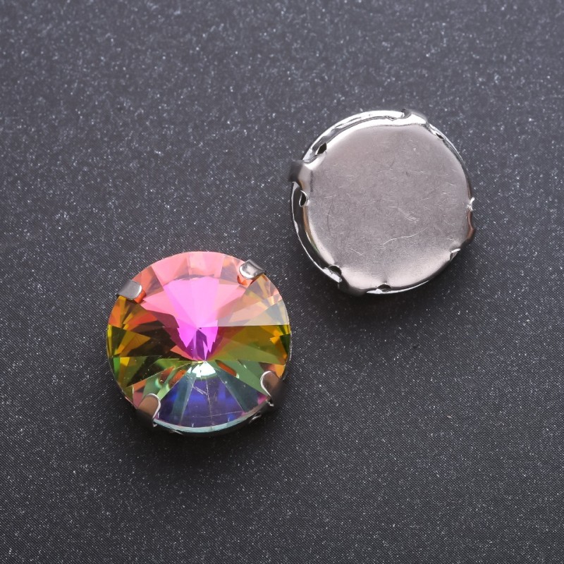 Preis pro Packung / 10 Stück. Rivoli-Kristall zum Annähen in Kappenfassung, rund 18 mm, grün-gelb