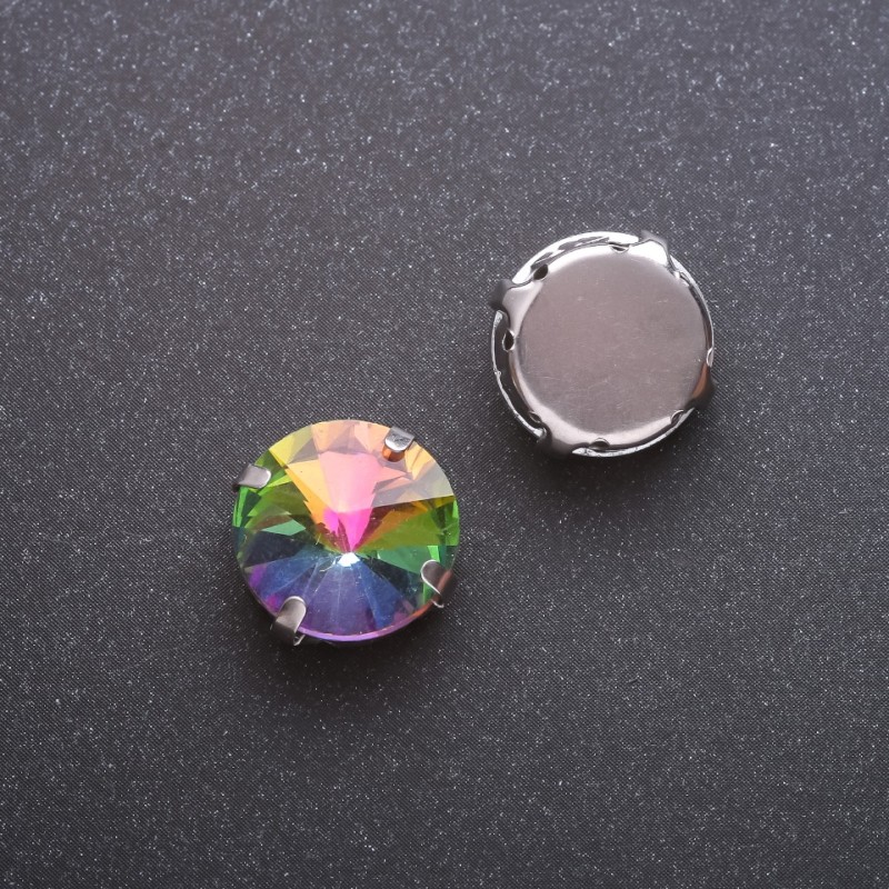 Preis pro Packung / 10 Stück Nähkristall Rivoli in Zapfenfassung, rund 13 mm, gelb-grün
