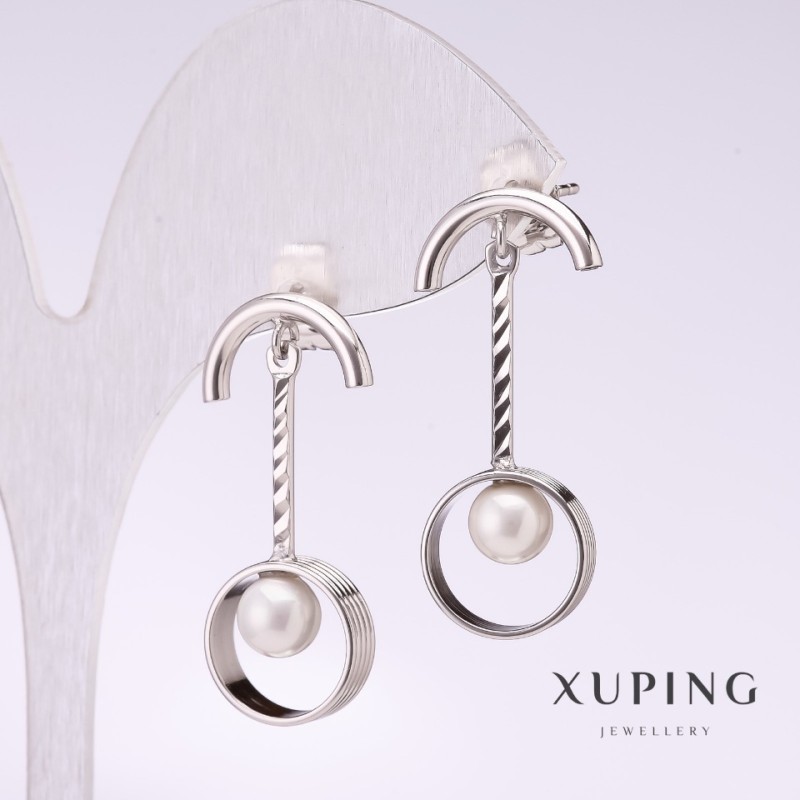 Xuping-Ohrstecker mit weißer Mallorca-Perle, 30 × 5 mm, rhodiumbeschichtet