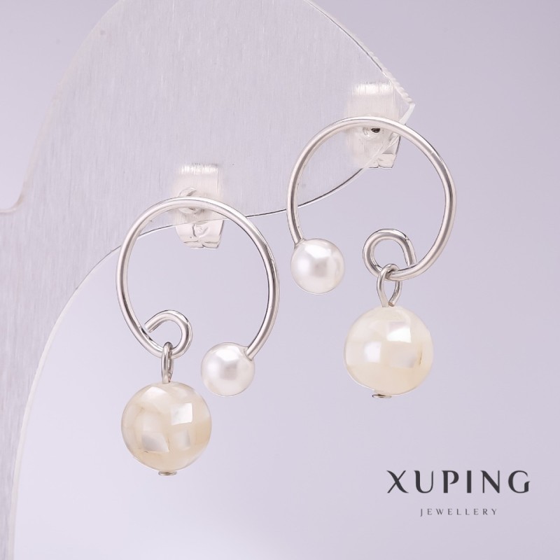 Xuping Ohrringe: Ringe mit Perlmuttperlen, 17×23 mm, Rhodiumbeschichtung