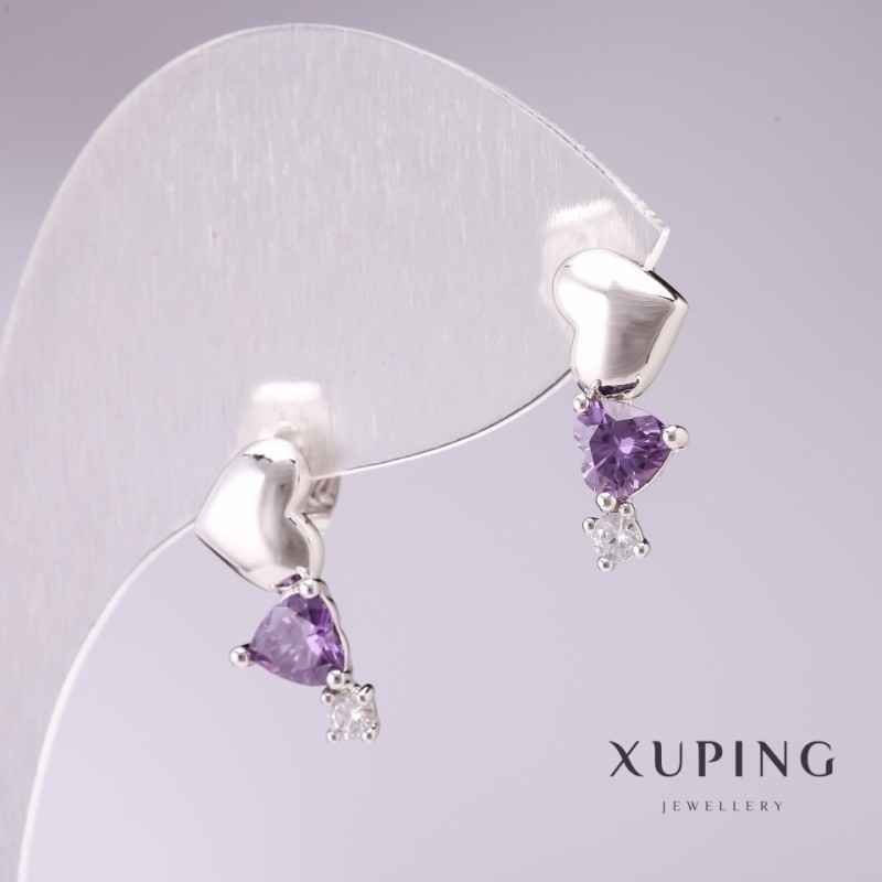 Ohrringe Xuping – Girlande aus Herzen mit violetten Steinen, 17 × 7 mm, Rhodiumbeschichtung