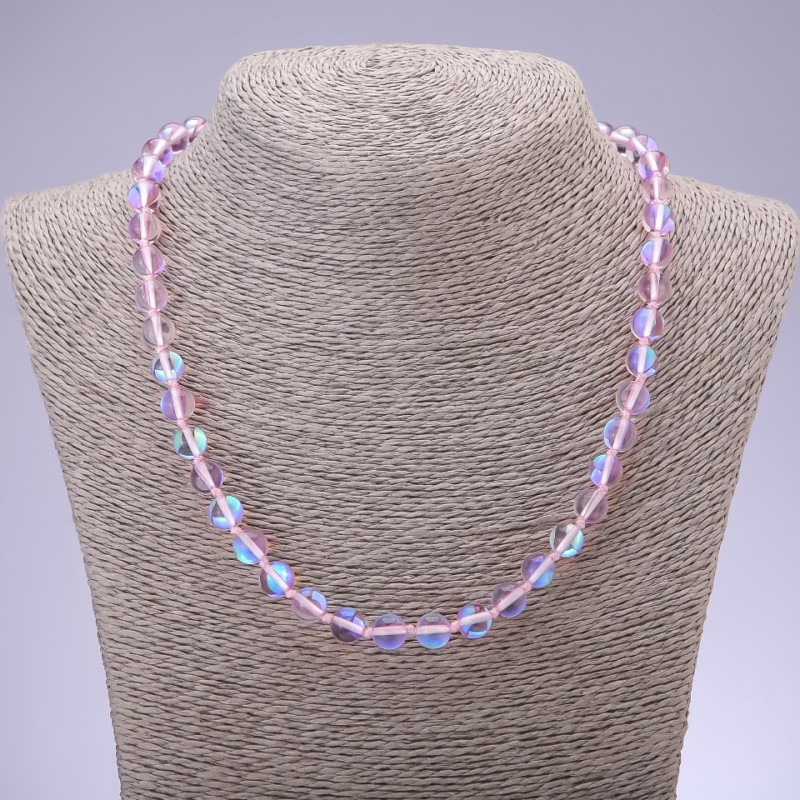 Halskette aus rosa Opalglas, Durchmesser 8 mm, Länge 48 cm