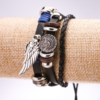 Armband aus Öko-Leder mit Flügel-Anhänger, verstellbar von 18–24 cm, schwarz