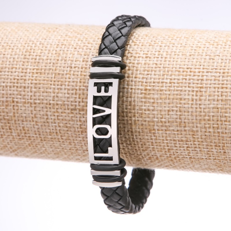 Unisex-Armband LOVE aus Öko-Leder, geflochtene Zopfstruktur, Edelstahlplatte, Dicke 12 mm, Länge 20 cm