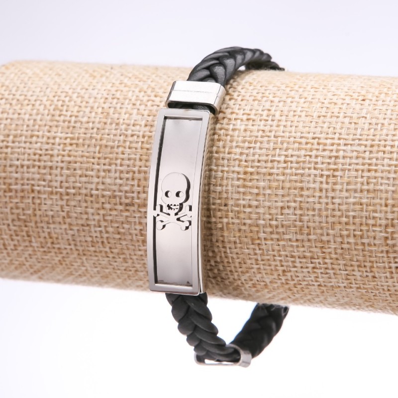 Unisex-Armband Schädel aus Öko-Leder, geflochtene Edelstahlplatte, 12 mm Dicke, 20 cm Länge
