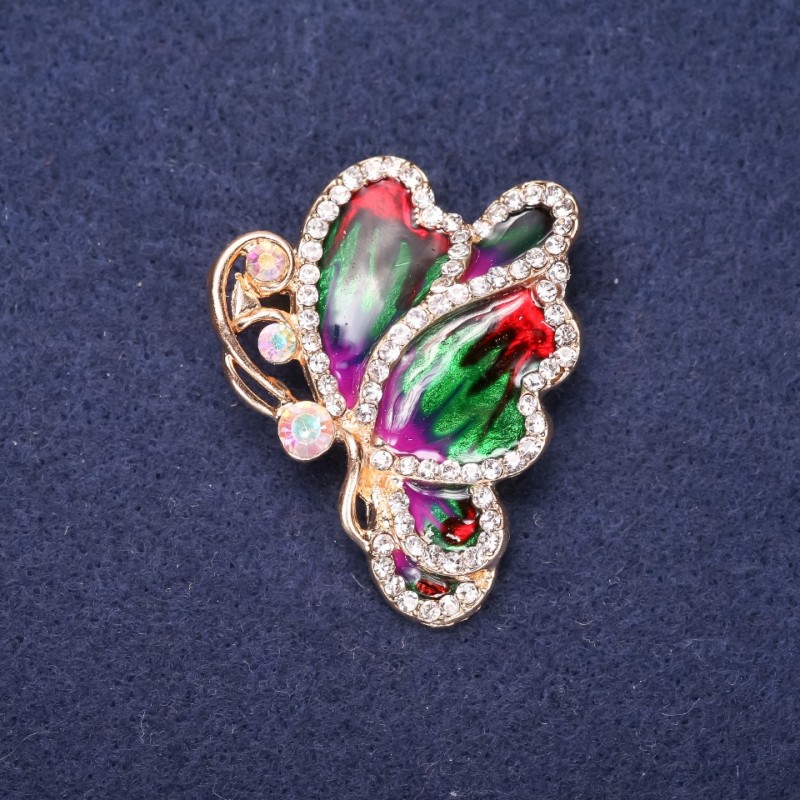 Ausverkauf! Schmetterlingsbrosche mit weißen Strasssteinen, Emaille in Rot, Grün und Lila, 40×33 mm, Gelbmetall