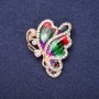Ausverkauf! Schmetterlingsbrosche mit weißen Strasssteinen, Emaille in Rot, Grün und Lila, 40×33 mm, Gelbmetall