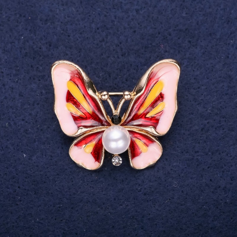 Ausverkauf! Brosche Schmetterling mit Perle, rosa und roter Emaille, 30×35 mm, gelbes Metall